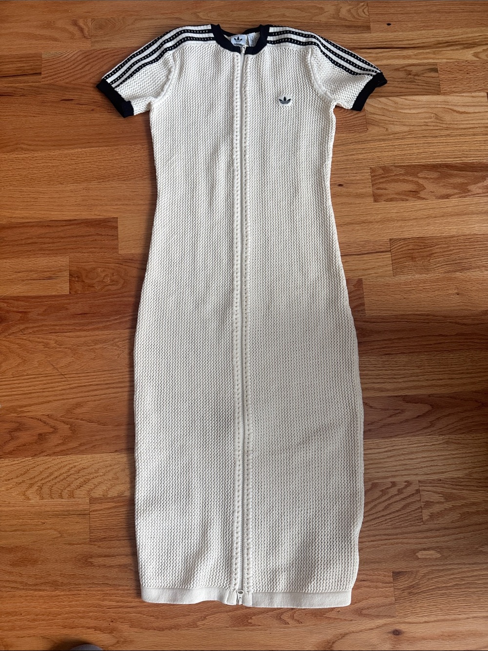 adidas  Cream Knit Zip-Front Midi Dress with Black Trim